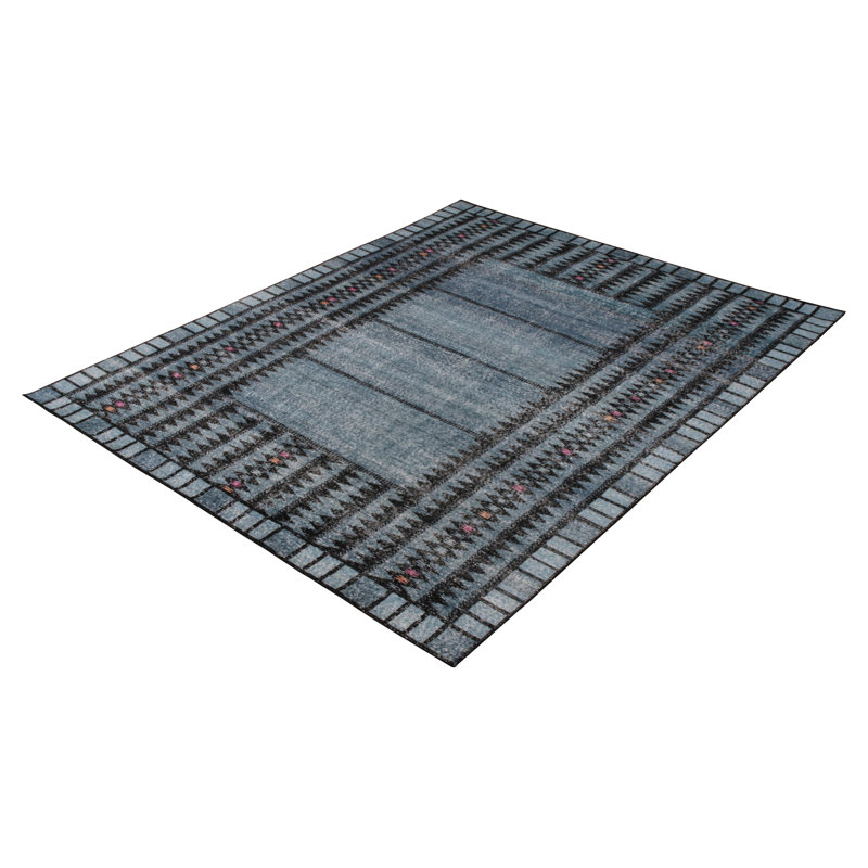 Rug & Kilim’S Distressed Scandinavian Rug In Blue Geometric Pattern, Blue/Black, Rectangle 12' x 18'