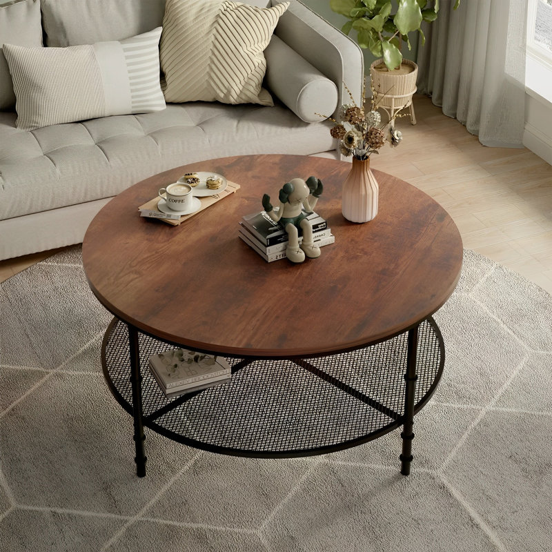 Table basse ronde à 2 niveaux avec plateau en bois rustique et structure en métal, table d'appoint industrielle avec rangement, brun noyer