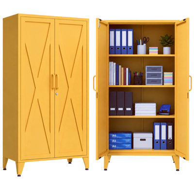 Armoire de cuisine/garde-manger jaune de style ferme, 155 cm de haut, en métal, avec serrure, 2 portes métalliques en forme de X et 3 tablettes réglables. Mobilier sur pied pour la maison, la chambre, le garage ou le bureau.