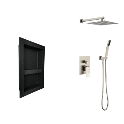 Ensemble de douche en nickel brossé avec tête, douche à main, tuyau, garniture de valve, poignées à levier et niche. . Rend la pluie naturelle sous la pluie. Buse autonettoyante. Tuyau Aligns American Standard