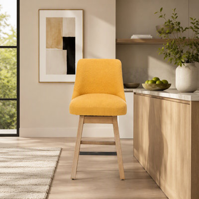 Ensemble de 2 tabourets de bar pivotants à 360 ° à hauteur de comptoir de 26 po avec dossier, tabourets rembourrés de style moderne Mid-Century avec pieds en bois massif pour îlot de cuisine, jaune