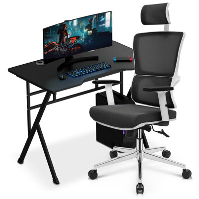 MoNiBloom Home Office Computer Desk And Chair Set, High Back Executive Chair With Protect Floor Mat And Laptop Table, Brown