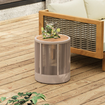 Table d'appoint extérieure en corde et en bois - Mobilier résistant aux intempéries pour terrasse, balcon, jardin, cour, 38 cm de diamètre, 45,5 cm de hauteur, couleur beige, élégante et polyvalente.