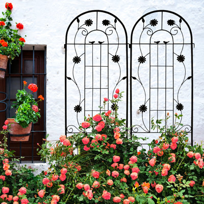 Ensemble de 2 treillis en métal antirouille de 86,7 po x 19,7 po, support à fleurs pour vignes de gloire du matin, noir, assemblage facile, paquet de fer de 19,7 po, raisin, haricots, simple