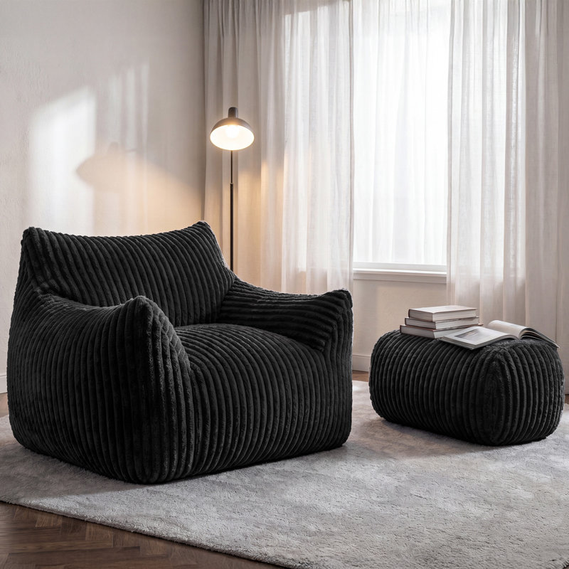 Corduroy Upholstered Accent Chair with Footstool, Black