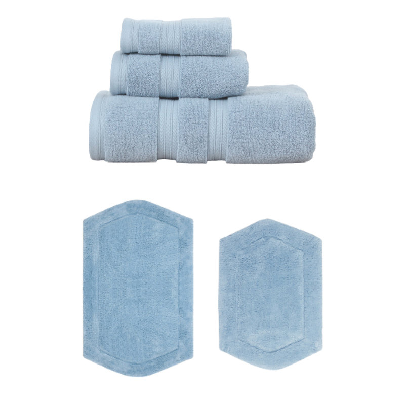Ensemble de serviettes de bain 3 pièces et 2 tapis de bain 2 pièces Waterford, corail, Bleu