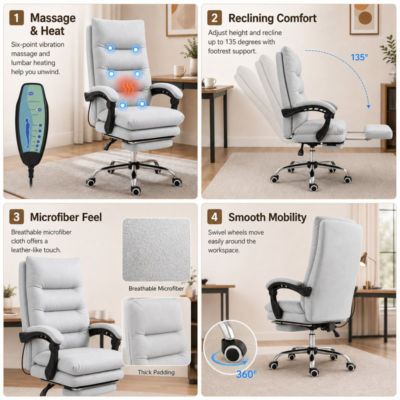 Durable Cozy Microfibre Massage Office Chair, Heated Reclining Chair with Footrest, Double-tier Padding, Swivel Wheels