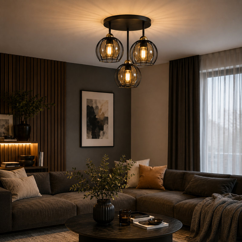 Glass Semi Flush Mount, Matt Black/Gold, 40cm W x 40cm D, 3 Lights