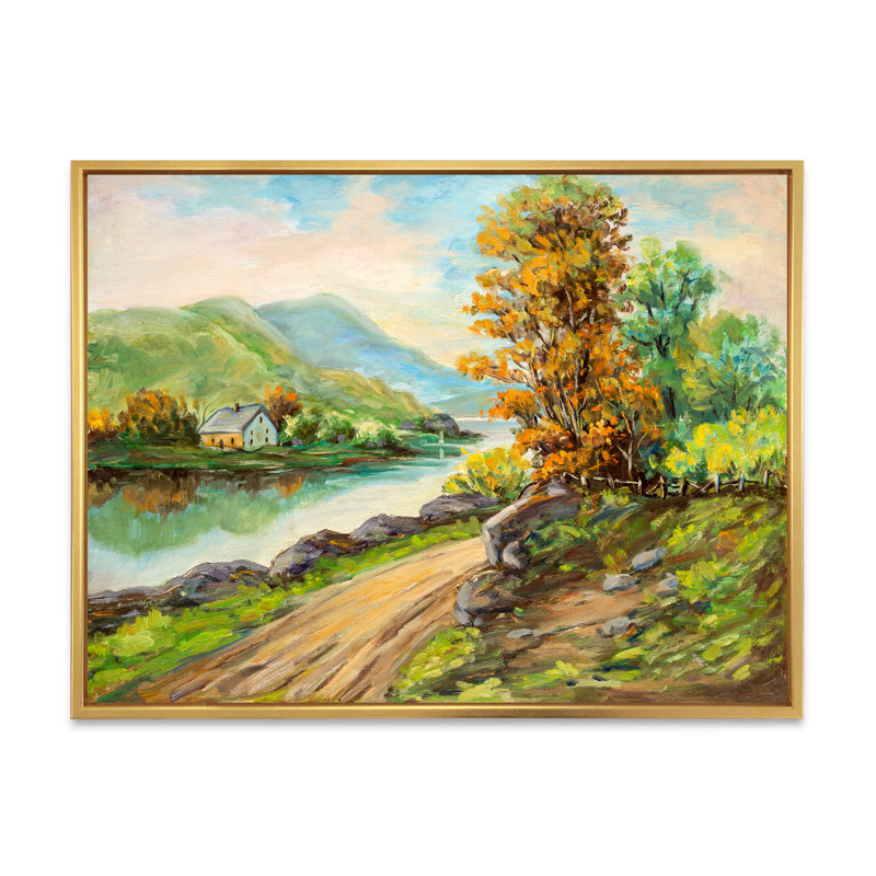 Route de campagne au bord de la rivière - Peinture sur toile, H 30 po x l 40 po x 1,5 po, Cadre flottant doré