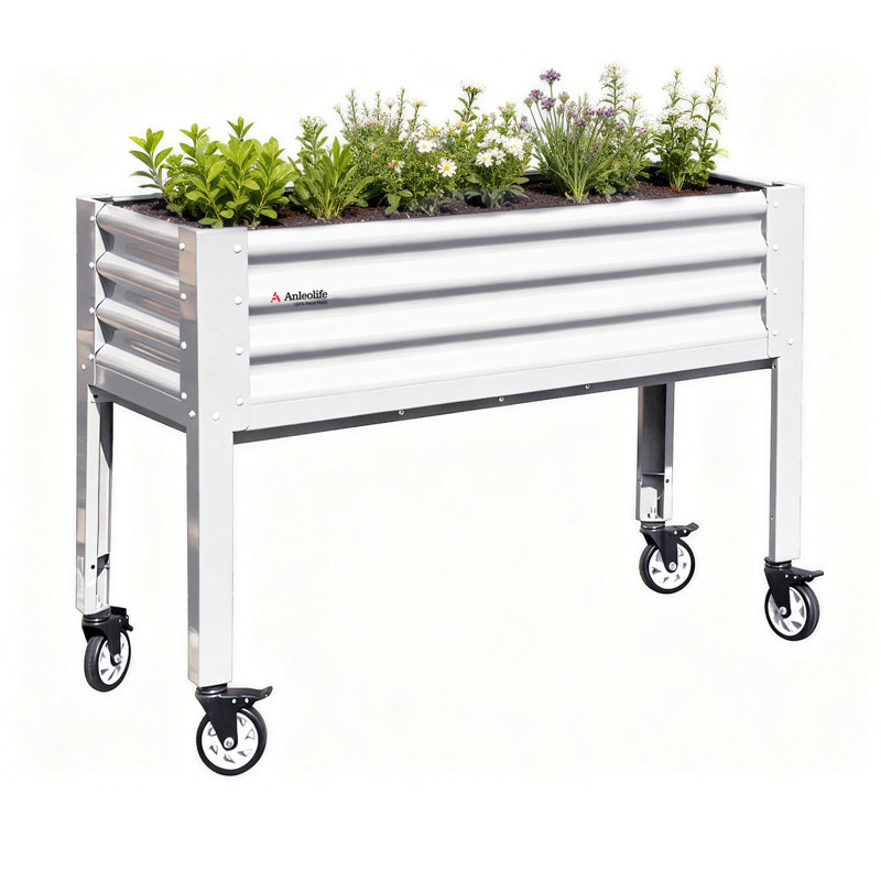 Galvanized Raised Garden Bed With Legs,48X24X35In Large Elevated Planter Box On Wheels With Drainage Holes, White