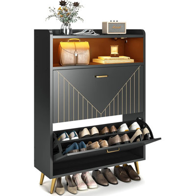 30 Pairs Shoe Storage Cabinet with Flip Doors and Motion Sensor Night Light