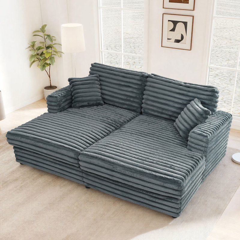 Mercer41 Oversized 86" Double Chaise Lounge Sofa Chair Indoor, Upholstered Plush Corduroy Lounge Couch, Grey