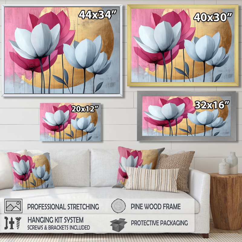 Golden Lotus Flowers Pure Form V - Lotus, art mural, H 28 po x l 60 po, Cadre flottant, Argent argent
