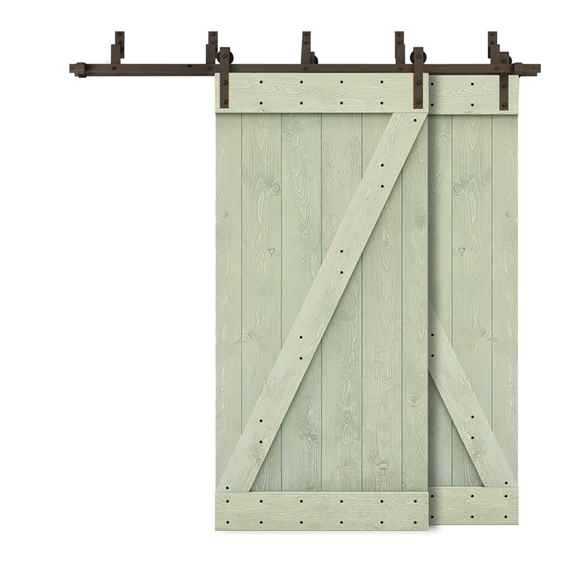 Porte de grange à panneaux et en bois avec quincaillerie d'installation, 40 po x 84 po, Vert sauge