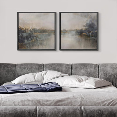 Mountains And Rivers " Tan Grey Abstract Elegance Landscape Illustrations Rustic Vintage Art Minimalist Relax/Calm " 2 - Pieces