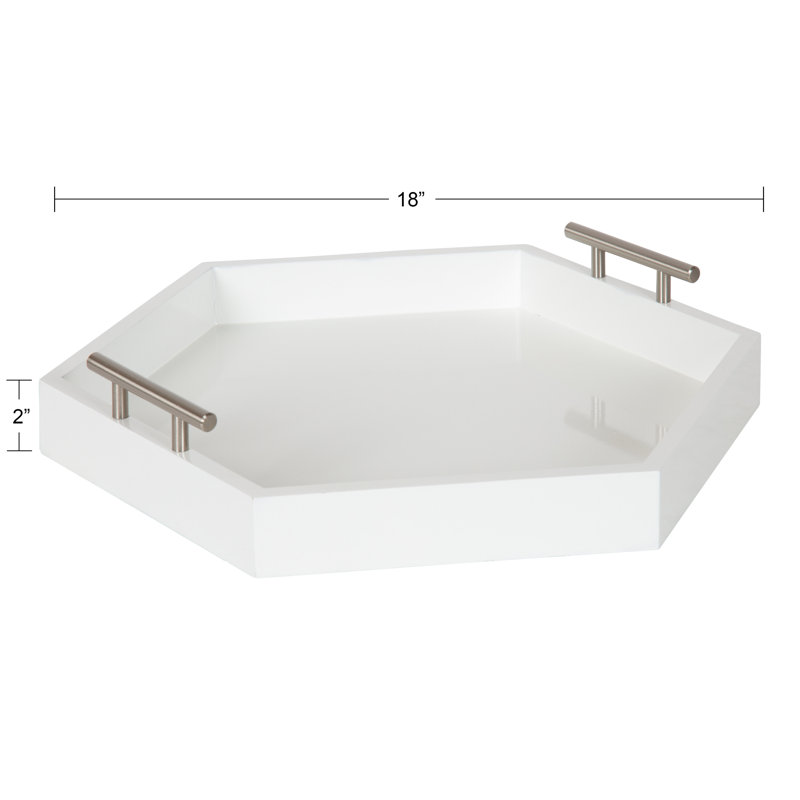 Norvan Hexagon Decorative Tray with Metal Handles, White/Silver