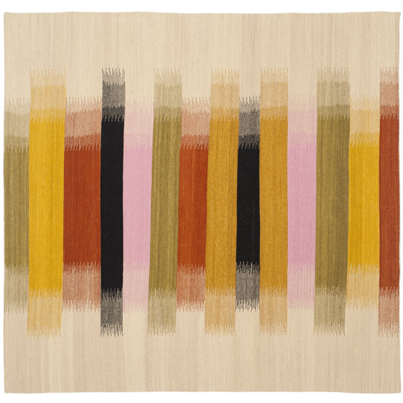 Rodgers Hand Woven Flat Weave H. S. Wool/Cotton Striped Rug in Beige, Square 6'