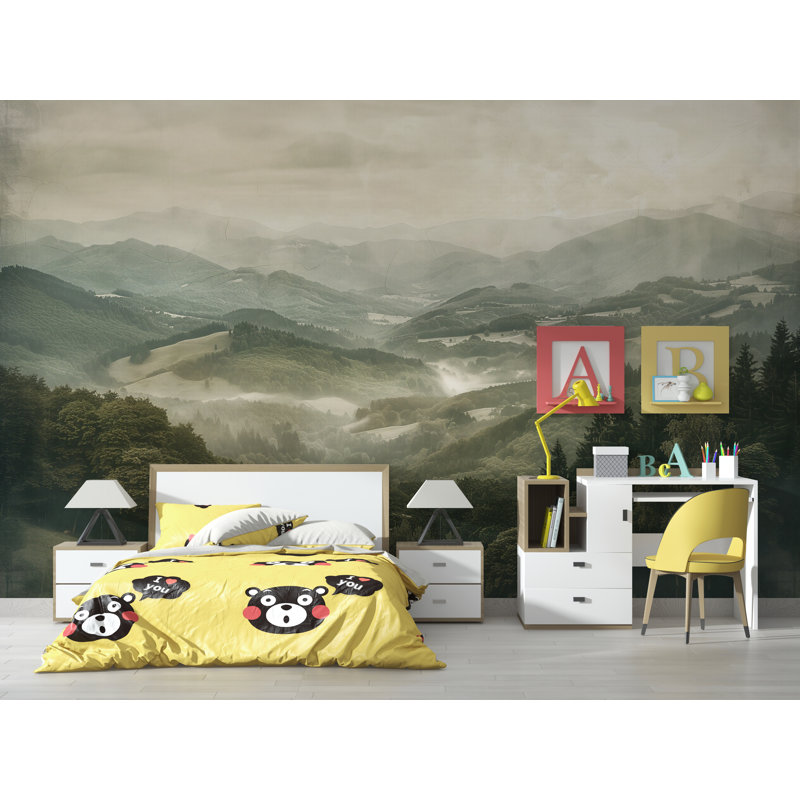 Murale Forest Valley - Papier peint paysage de montagne brumeuse pour salon ou chambre d'enfant, L 100 po x l 70 po