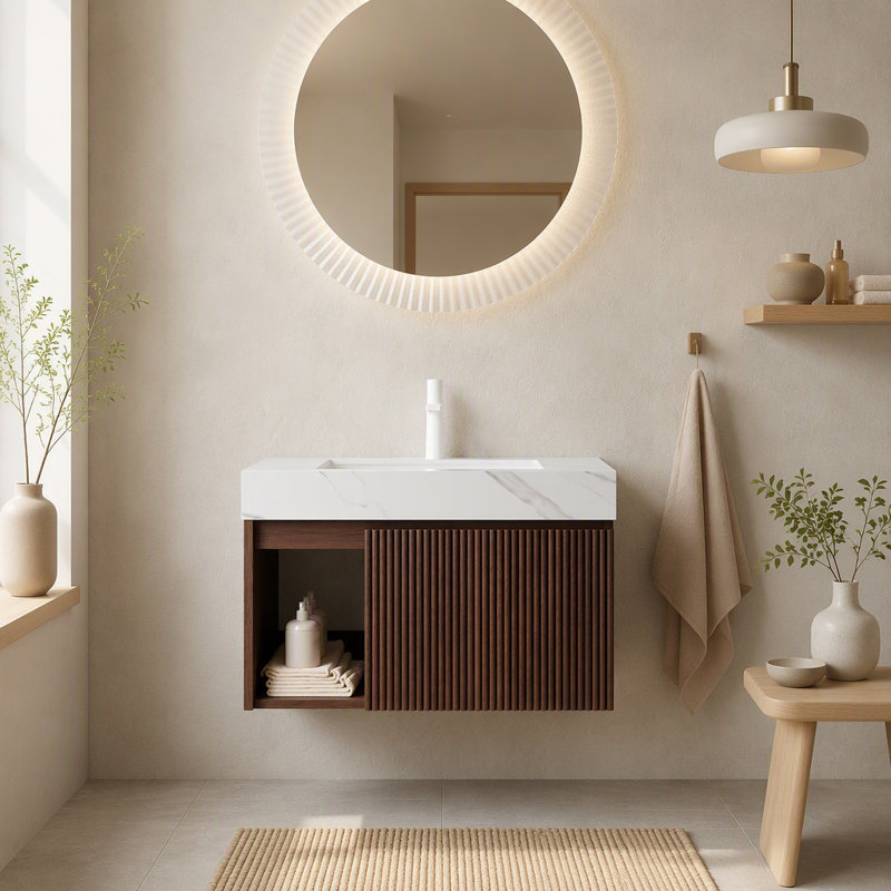 Meuble-lavabo flottant mural 30 po avec lavabo, blanc, Noyer, 30", Blanc de Carrare