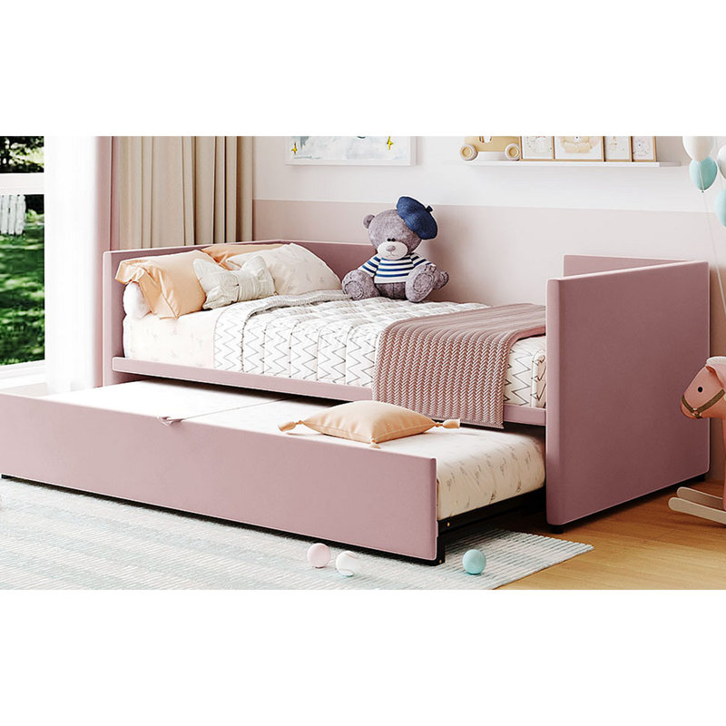 Modern Reylin Daybed Upholstered Daybed With Pop Up Trundle, Pink