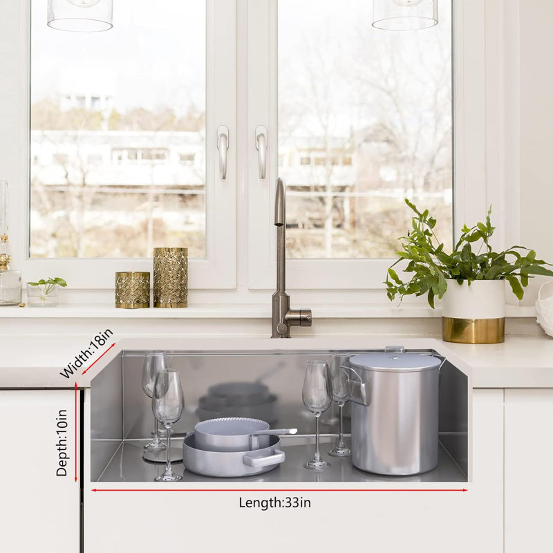 Évier de cuisine à simple cuve en acier inoxydable 304 brossé, l 33 po x P 18 po x H 10 po, rebord de 2,0 mm et bol de 1,0 mm, avec grille inférieure et ensemble de drain, cuisine moderne