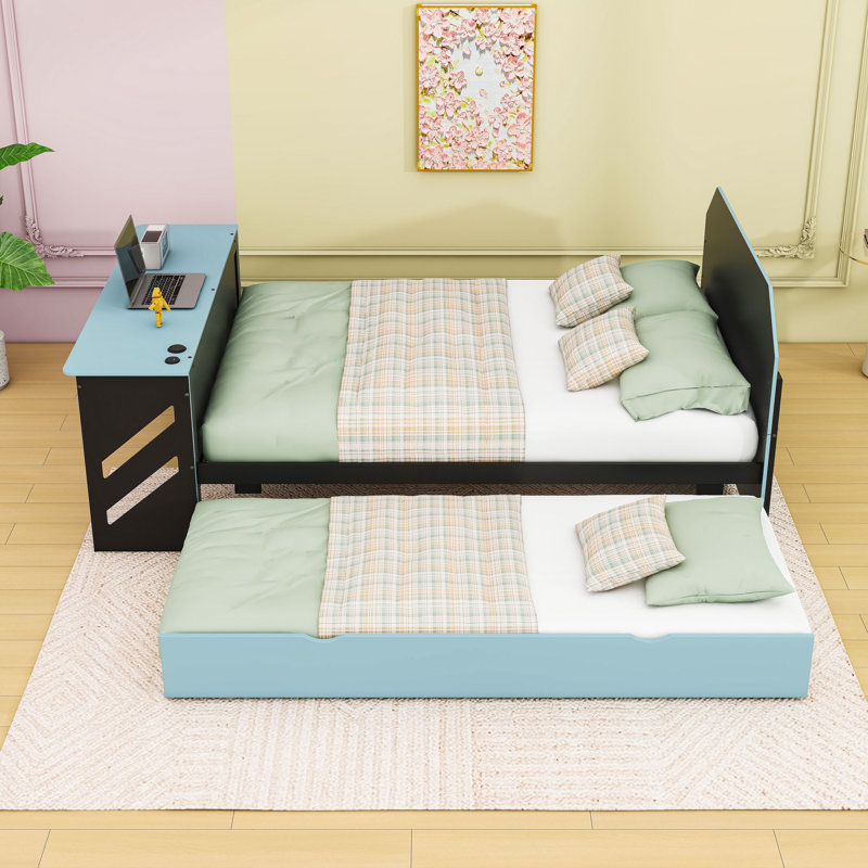 Full Daybed with Twin Trundle, USB Port, and Smart Desk, Cloud Blue