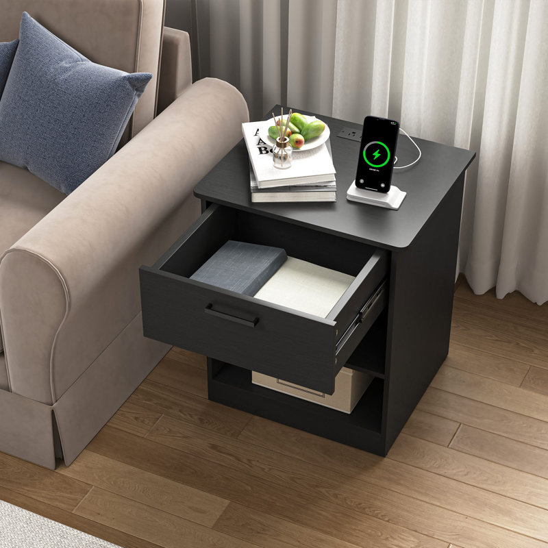 Table de chevet à 1 tiroir avec station de charge, Noir