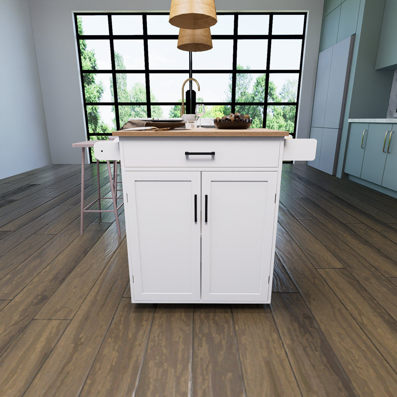 White Kitchen Island Rolling Cart With 1 Drawer And 2 Doors With Storage Rack And Adjustable Shelves And Towel Rack And Spice Rack Rubber Wood Tabletop