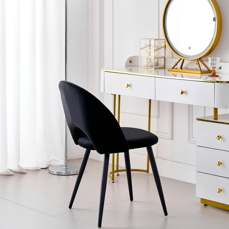 Set Of 4 Chairs - Modern Minimalist Horseshoe Velvet Dining Chair - Upholstered Hollow Back Chair - Black Metal Legs, Black