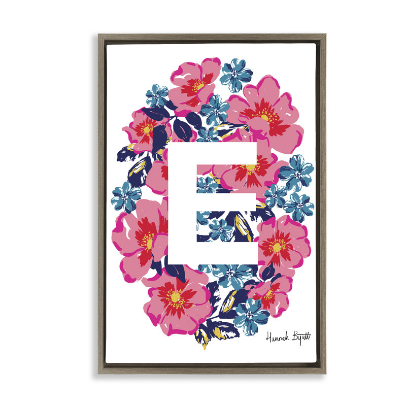 "Floral" avec lettre E encadrée par Hannah Louise Byatt, Cadre flottant orme Montalcino, H 25 po x l 17 po