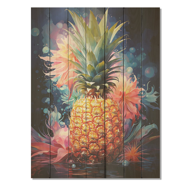 Ananas cosmique vert et jaune I - ananas sur bois, H 40 po x l 30 po