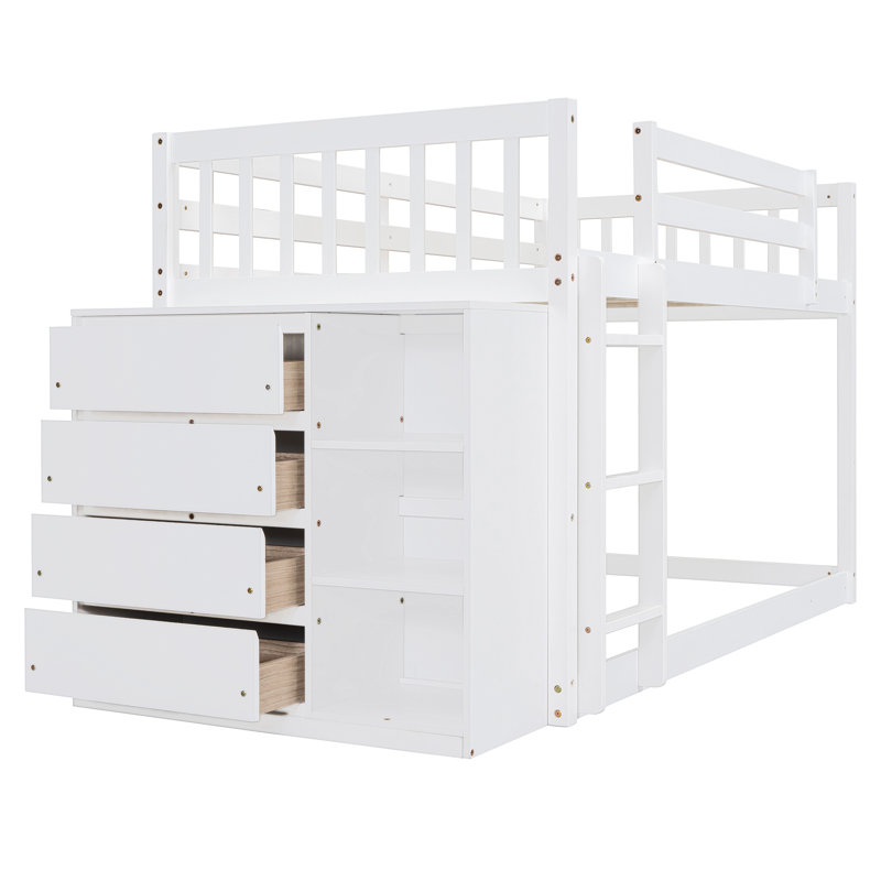Lit superposé avec 4 tiroirs et 3 tablettes, Simple sur simple, Blanc