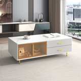 Table basse avec 2 portes de rangement en verre, 4 tiroirs, pieds en métal doré et éclairage multicolore
