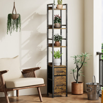 Grand support à plante industriel étroit avec tiroirs de rangement, étagère ouverte en bois à 4 niveaux avec armoire, présentoir de coin en bois rustique et métal noir pour balcon, salon