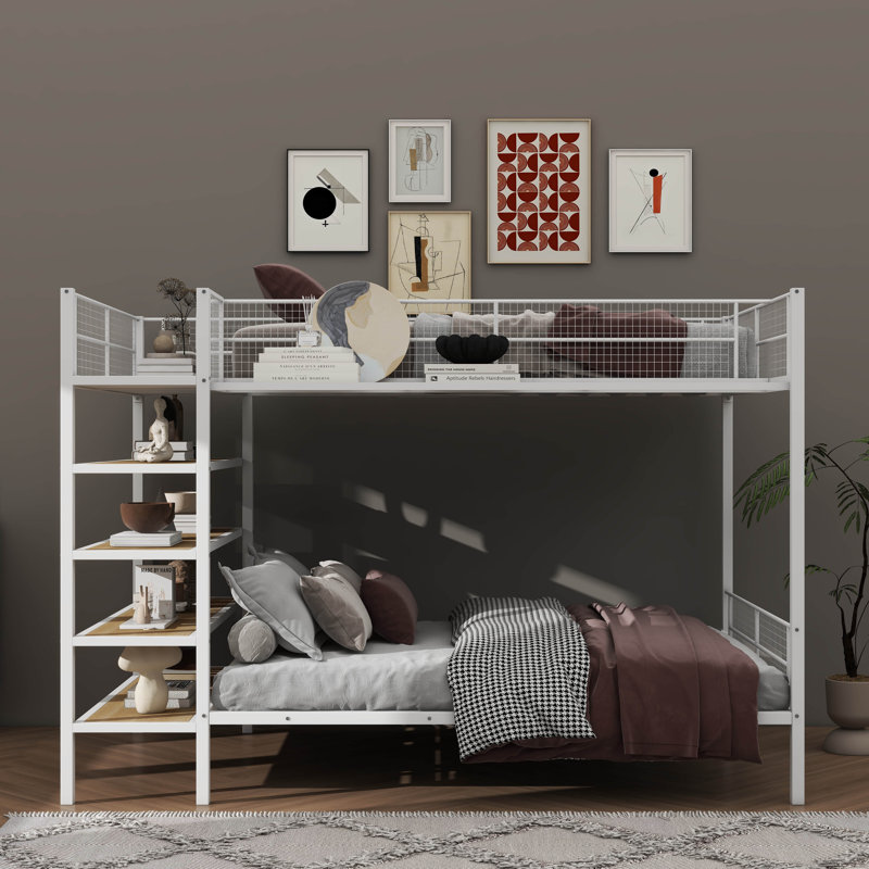 Lit superposé simple au-dessus de double avec tablettes à 5 niveaux Faer, cadre de lit superposé en métal Faer, Blanc