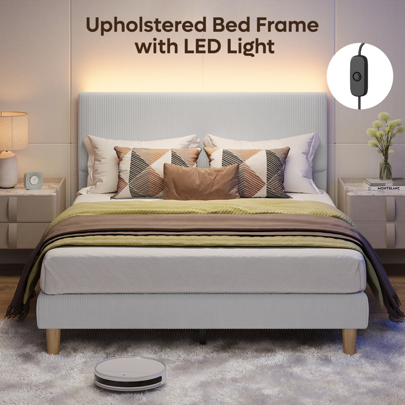 Corduroy Upholstered Platform Bed with Channel-Tufted Headboard, Modern Queen Bed Frame with Soft Padded Edges and Ambient LED