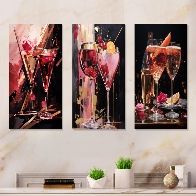Kir Royale Radiance Cocktail - Ensemble de 3 impressions sur cocktail en métal, H 28 po x l 36 po