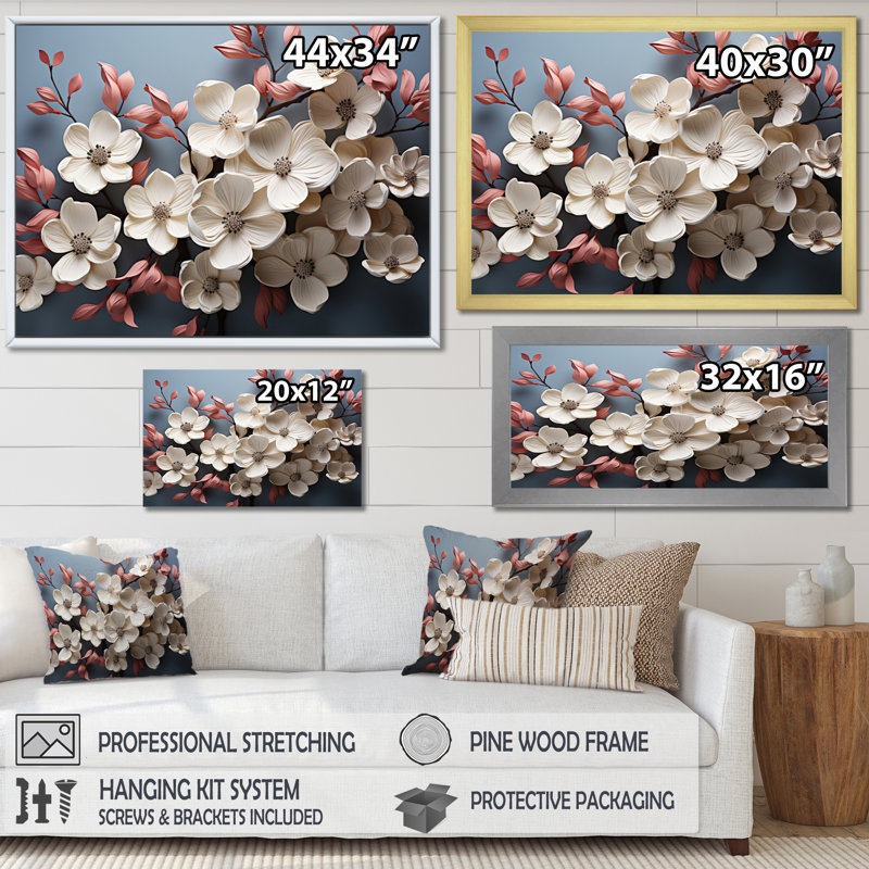 Dogwood Field Pointillism Collage III - impression, Cadre simple blanc, H 34 po x l 44 po x P 1,5 po