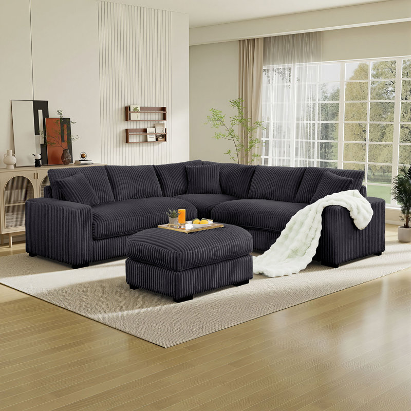 Burwell 99" Corduroy L-Shaped Sectional Sofa with Ottoman – Pet-Friendly, Ergonomic Comfort for Cozy Living Rooms