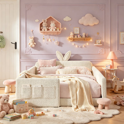 Upholstered Kids Bed Frame with Safety Rails and Storage, Boucle Platform Bed with Headboard and Guardrails, Beige, Full
