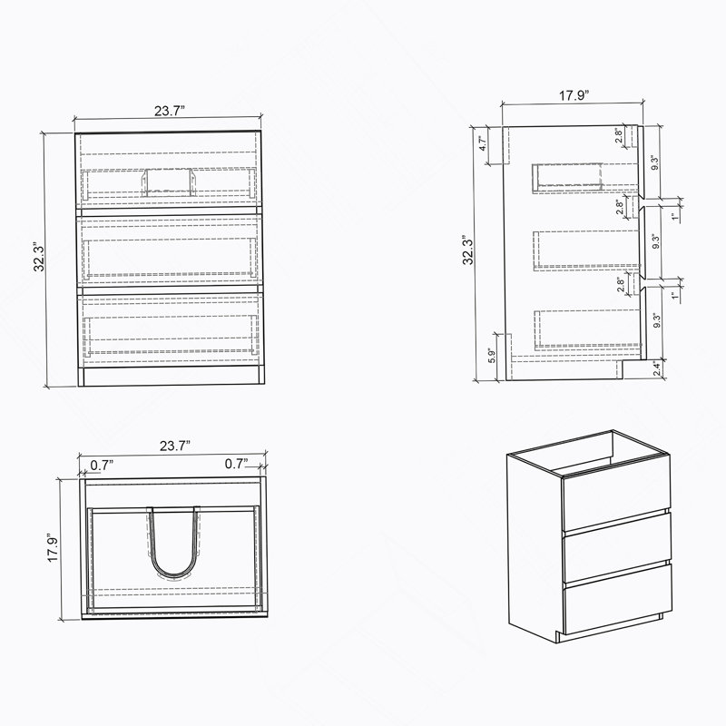 Armoire de plancher SANS lavabo, avec trois tiroirs, Noyer