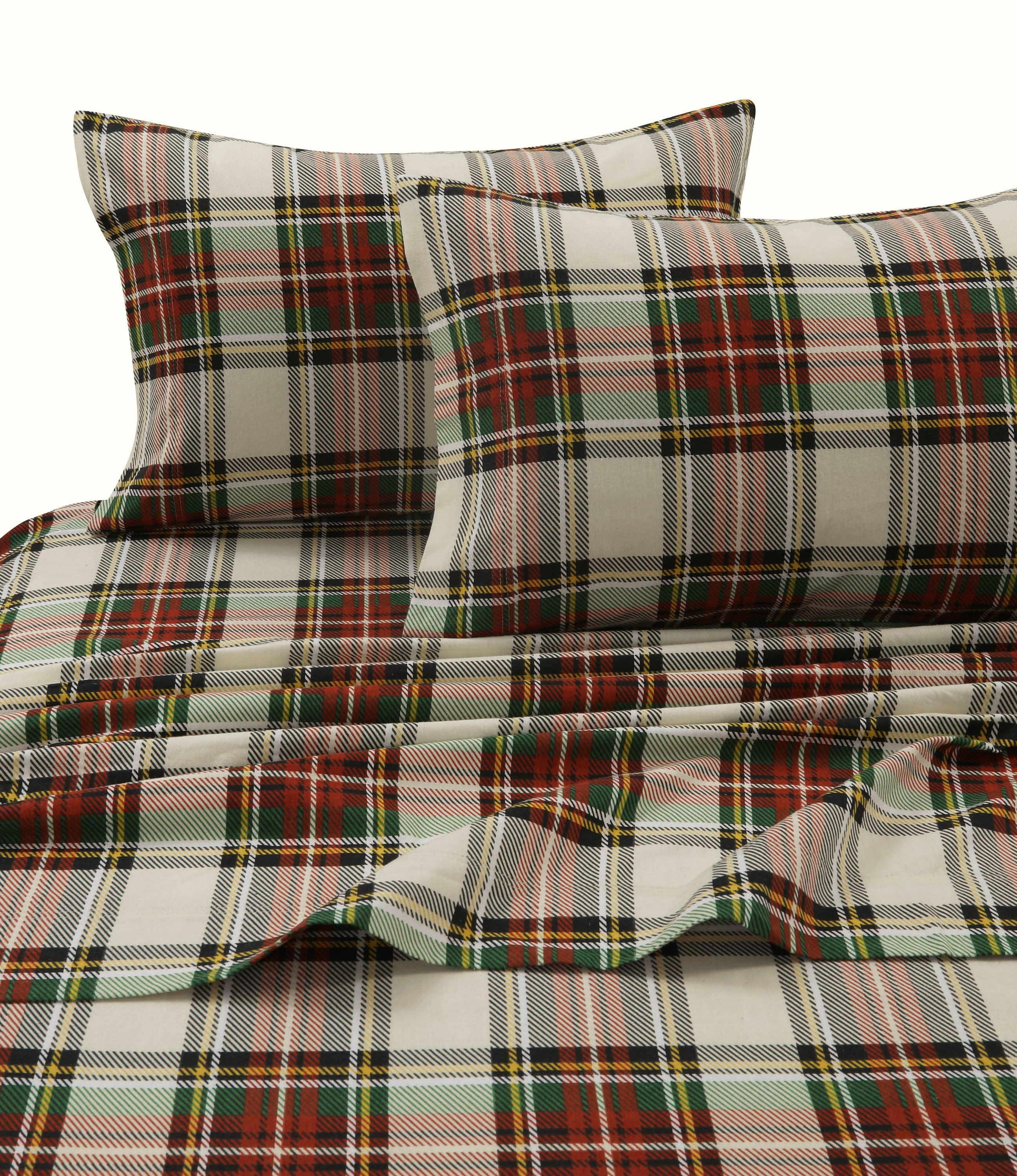 Cozy Flannel Plaid Sheet Set - Queen Sheet Set + Fitted Sheet + 2 Pillowcases