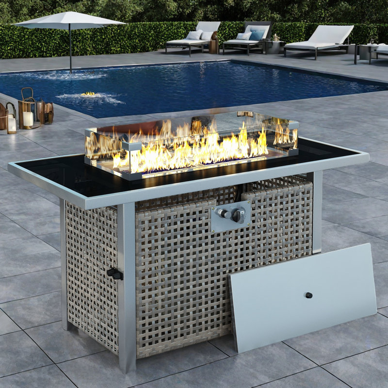 Propane Gas Fire Pit Table With Glass Wind Guard And An Open Basket-wave Patterned Wicker, Gray