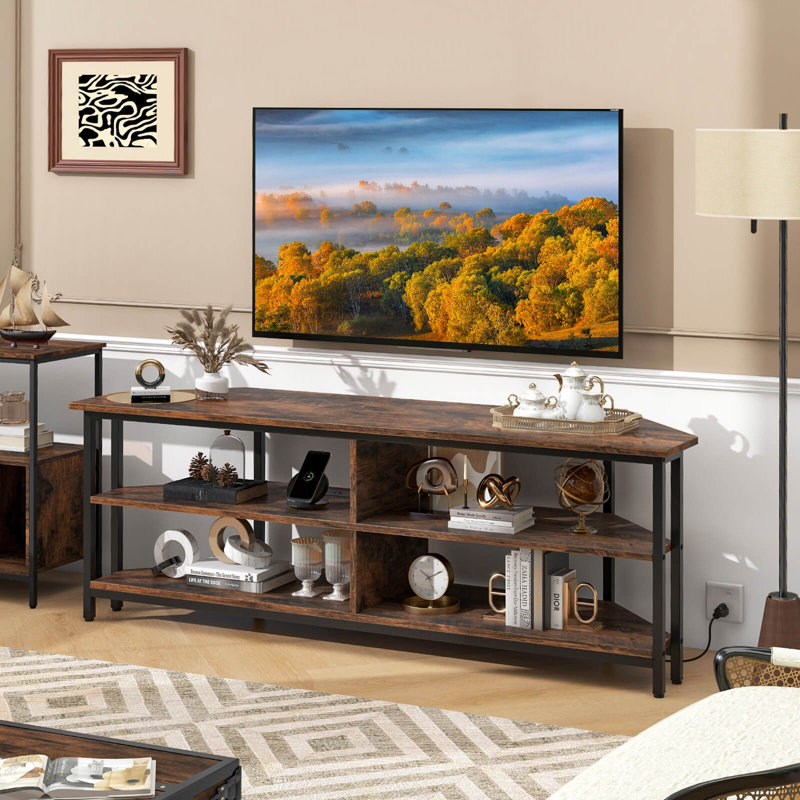 Meuble télé d'angle pour téléviseur de 65 po ou moins avec prises de courant et ports USB A Ebern Designs, Brun / noir
