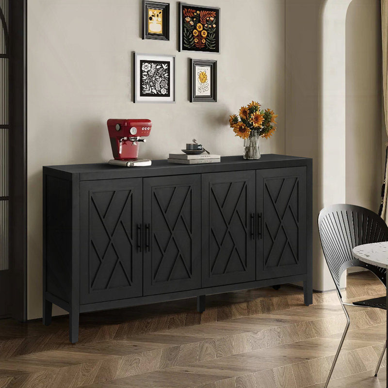 60 " Farmhouse Accent Cabinet with 4 Doors, Antique Black