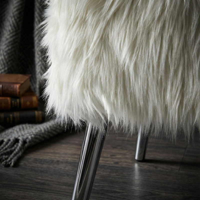 Olivia White Faux Fur Ottoman, 20"