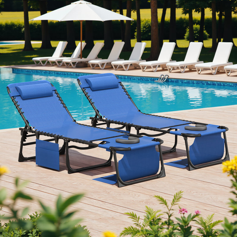 Chaise longue d'extérieur avec coussin, chaise longue de patio à hauteur ajustable (ensemble de 2), Bleu