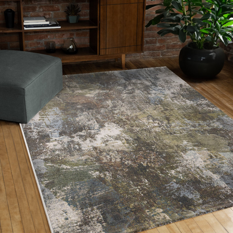 Tapis abstrait bleu foncé, gris, brun et brun très fréquenté pour le salon, Rectangle 5 pi 3 po x 7 pi 7 po