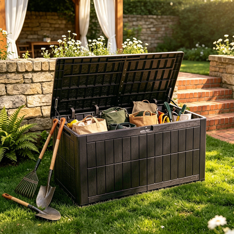 Quartey 120 Gallons Resin Deck Box with Soft Close Mechanism and Lock, Brown