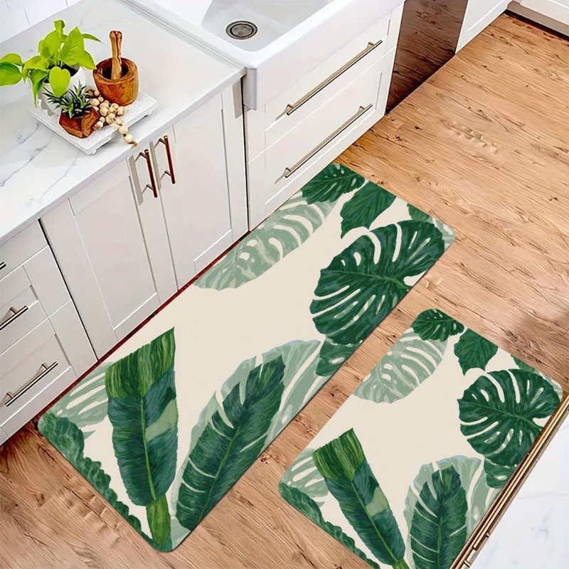 Tropical Plant Texture, Kitchen Mats Set Of 2, Green/Beige Floral